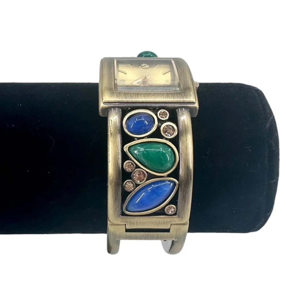 Vintage Womens Cuff Bracelet Watch Cabochon Gold Tone Square Face New Battery